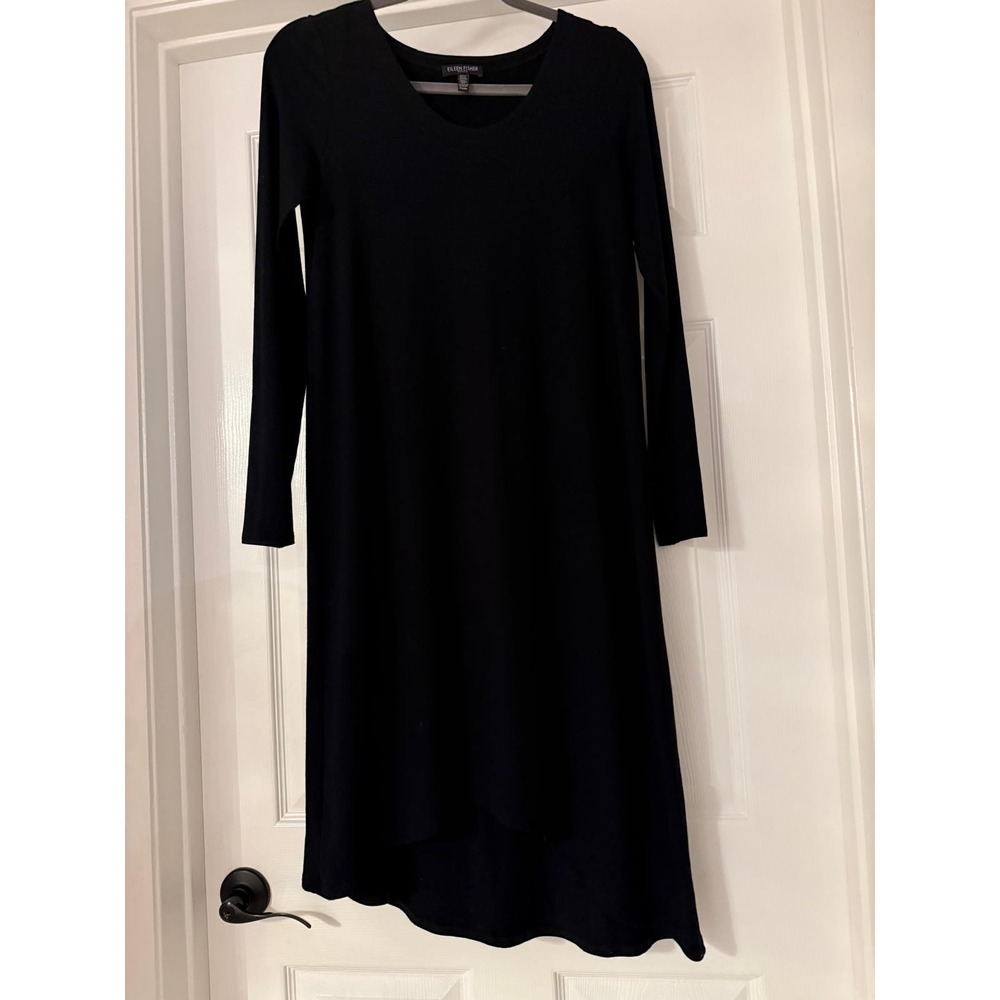 Eileen Fisher Petite Dress PS Black Viscose Jersey Tunic Long Sleeve‎ High Low
